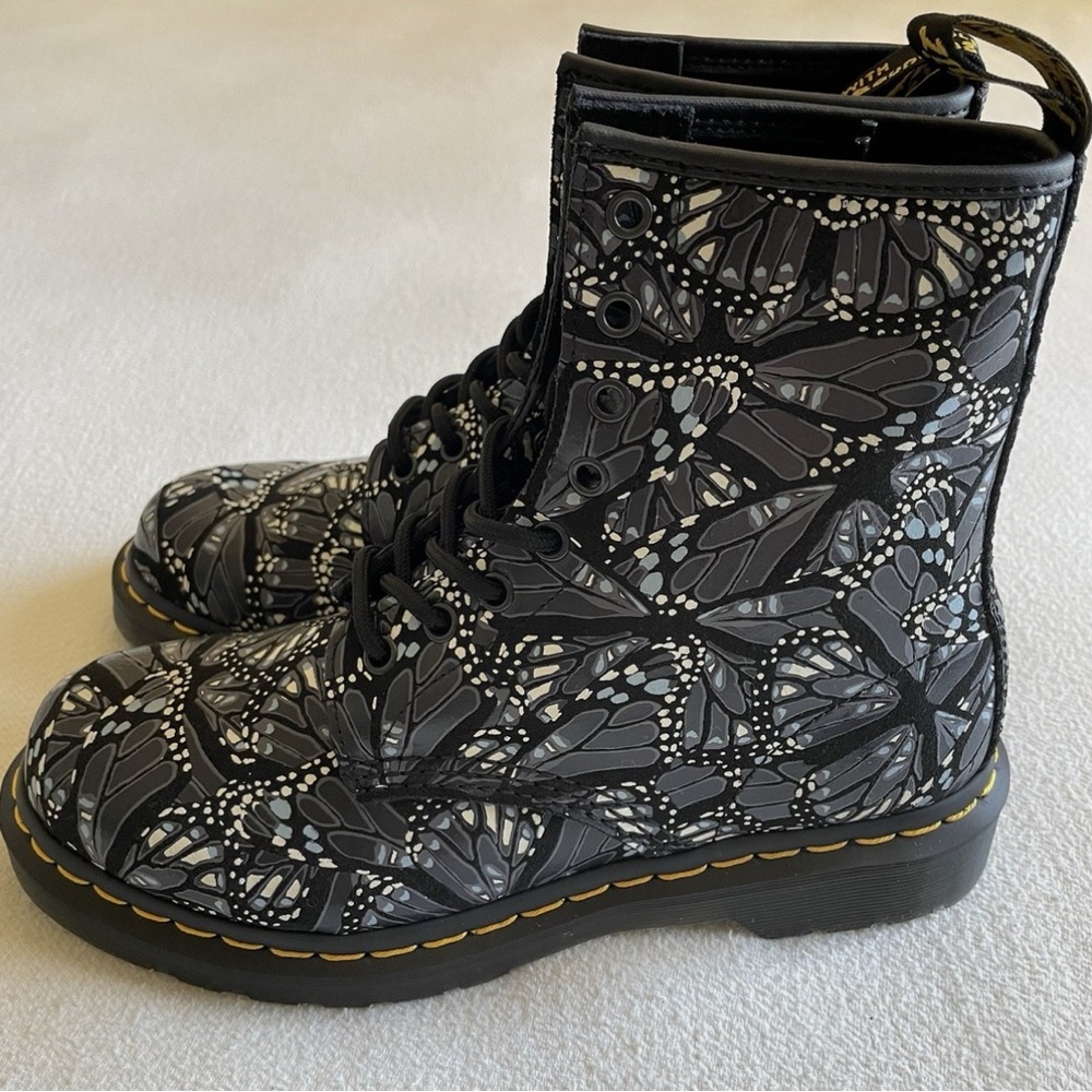Dr. Martens Black and White Butterfly Patterned Combat Boots